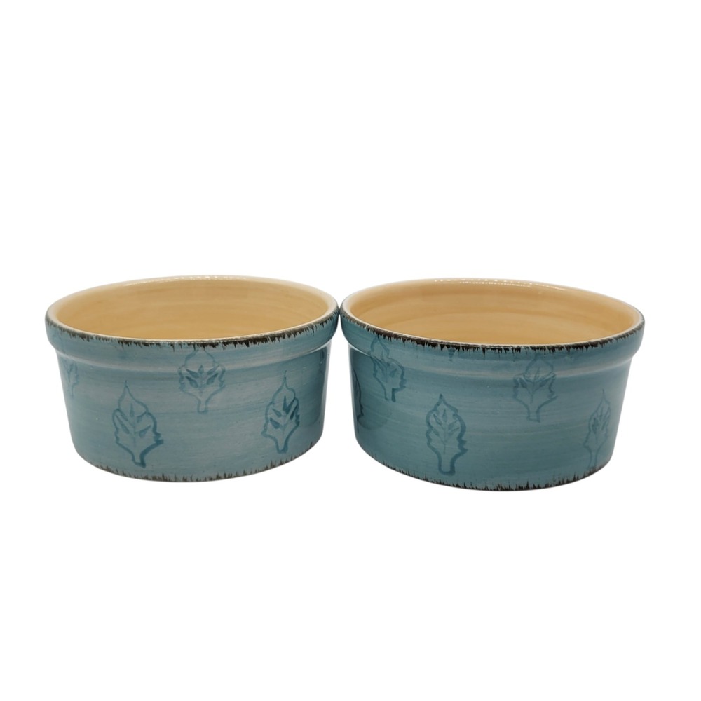 Bella Ceramics Pastis Blue Leaf Ceramic Set of 2 Pet Food Bowls‎ 5 Inch